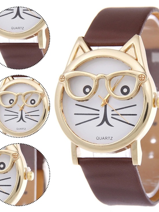 Accessories - Cat Face with Glasses Watch with Brown Strap🐱🤓